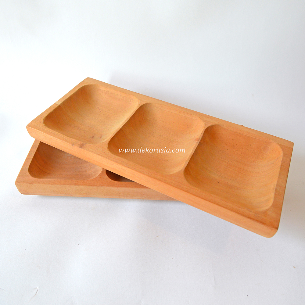Natural Wood Rectangular Tray with 3 Compartment, Wooden Serving Tray - Image 1