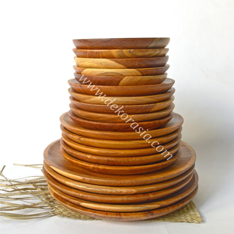 Round Teak Wooden Tray Diameter 5.9 to 9.8 inches, Dinnerware Set Dishes & Tray Serving - Image 1