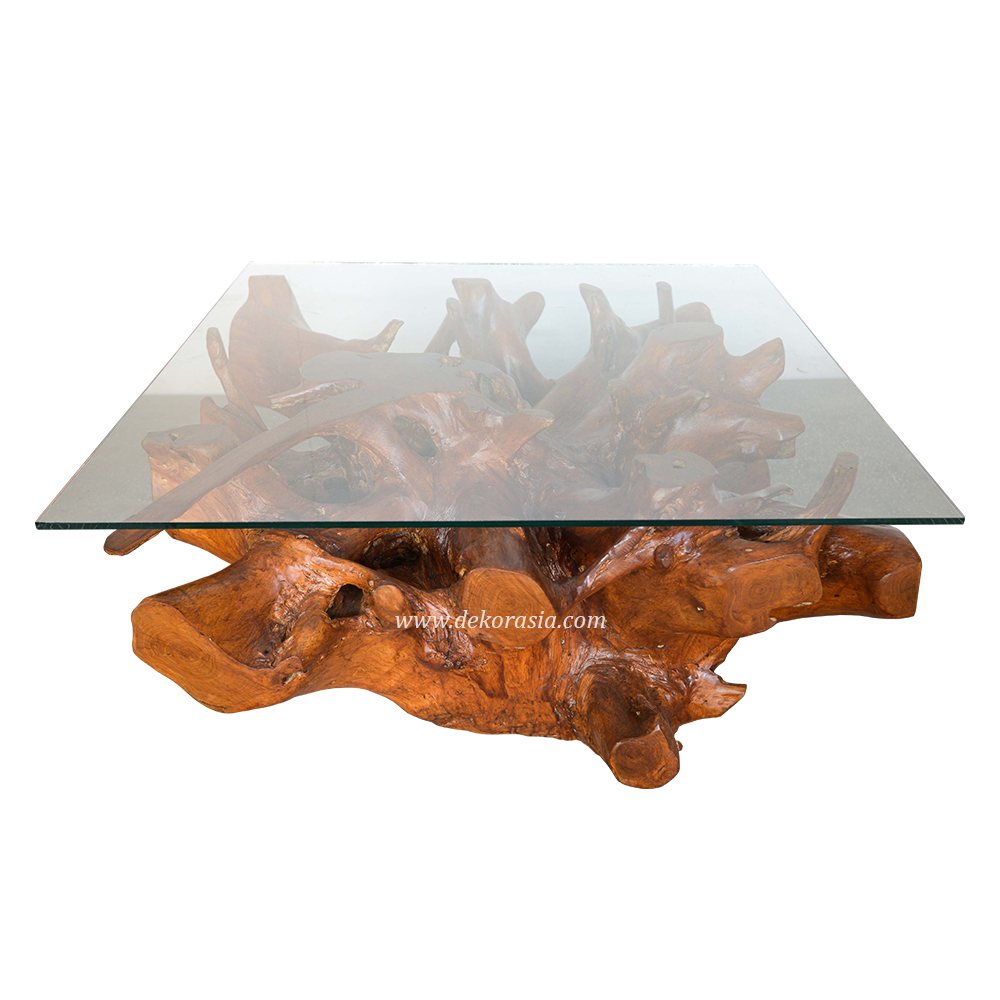 Teak Root Coffee Table with Glass, Teak Root Table Living Room Furniture, Wooden Coffee Tables - Image 1