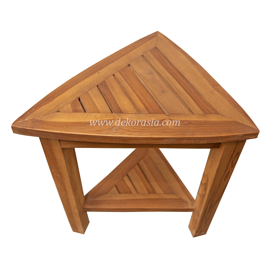 Natural Teak Corner Bench 2 Layer Bathroom Triangle Shaped with Shelf, Waterproof Shower Stool - Image 1