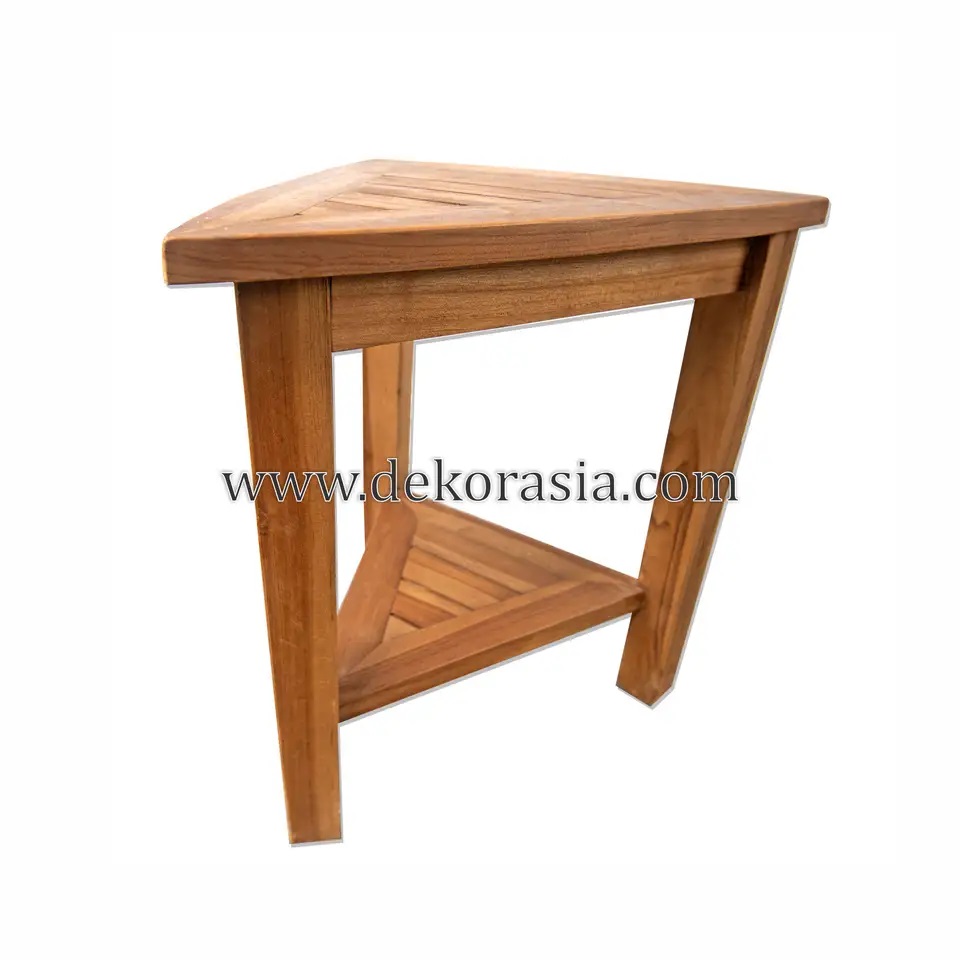 Natural Teak Corner Bench 2 Layer Bathroom Triangle Shaped with Shelf, Waterproof Shower Stool - Image 2