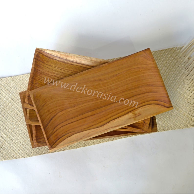 Natural Teak Wood Rectangle Tray, Dinnerware Set Dishes and Trays - Image 2