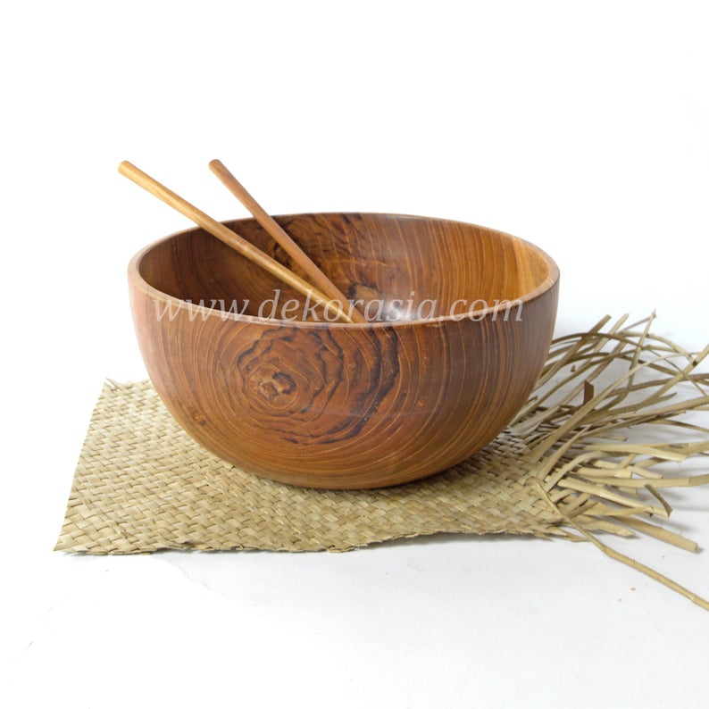 Teak Wood Round Bowl Dish Serving Salad, Wood Bowls Kitchenware - Image 1
