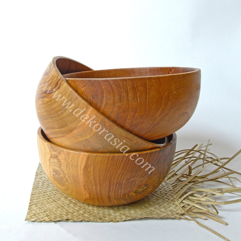 Teak Wood Round Bowl Dish Serving Salad, Wood Bowls Kitchenware - Image 3