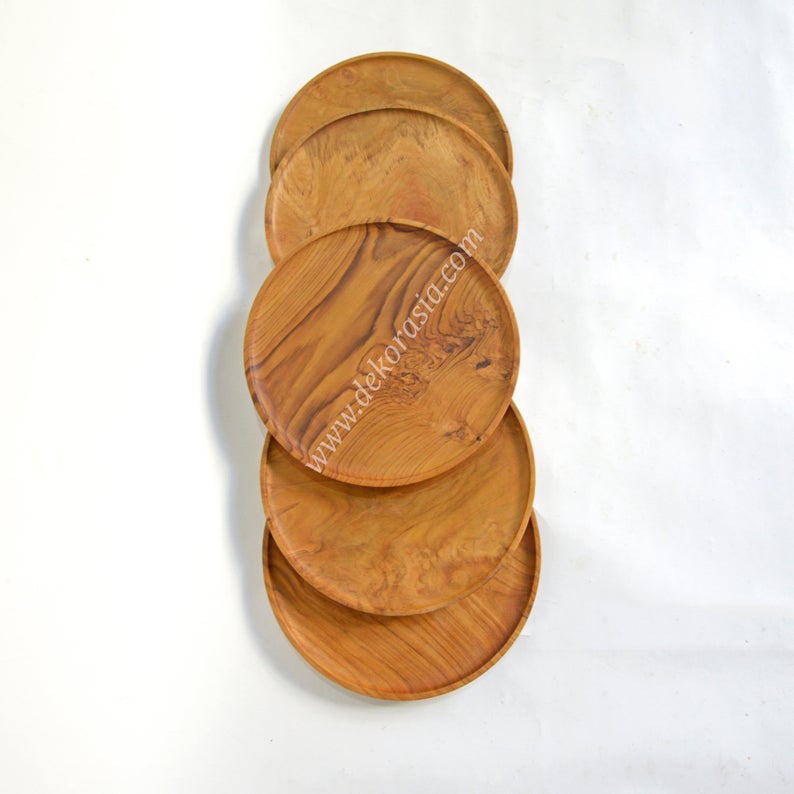 Teak Wood Round Plate Diameter 9.8 to 13.8 inches, Dinnerware Set Dishes & Plates - Image 3