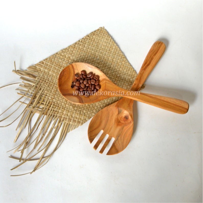 Natural Teak Wood Spoon and Fork (W Type), Wood Spoon and Fork Kitchenware - Image 1